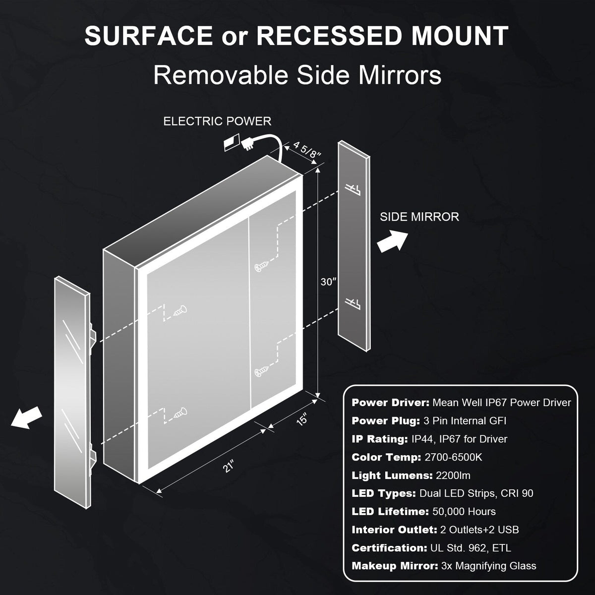 WELLFOR ELIN 36-in x 30-in Lighted LED Fog Free Surface/Recessed Mount Silver Mirrored Soft Close Medicine Cabinet with Outlet
