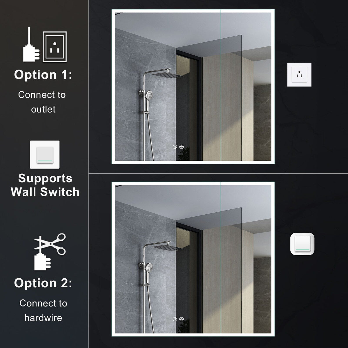 WELLFOR ELIN 36-in x 30-in Lighted LED Fog Free Surface/Recessed Mount Silver Mirrored Soft Close Medicine Cabinet with Outlet