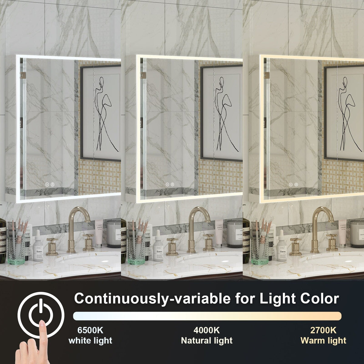 WELLFOR ELIN 36-in x 30-in Lighted LED Fog Free Surface/Recessed Mount Silver Mirrored Soft Close Medicine Cabinet with Outlet