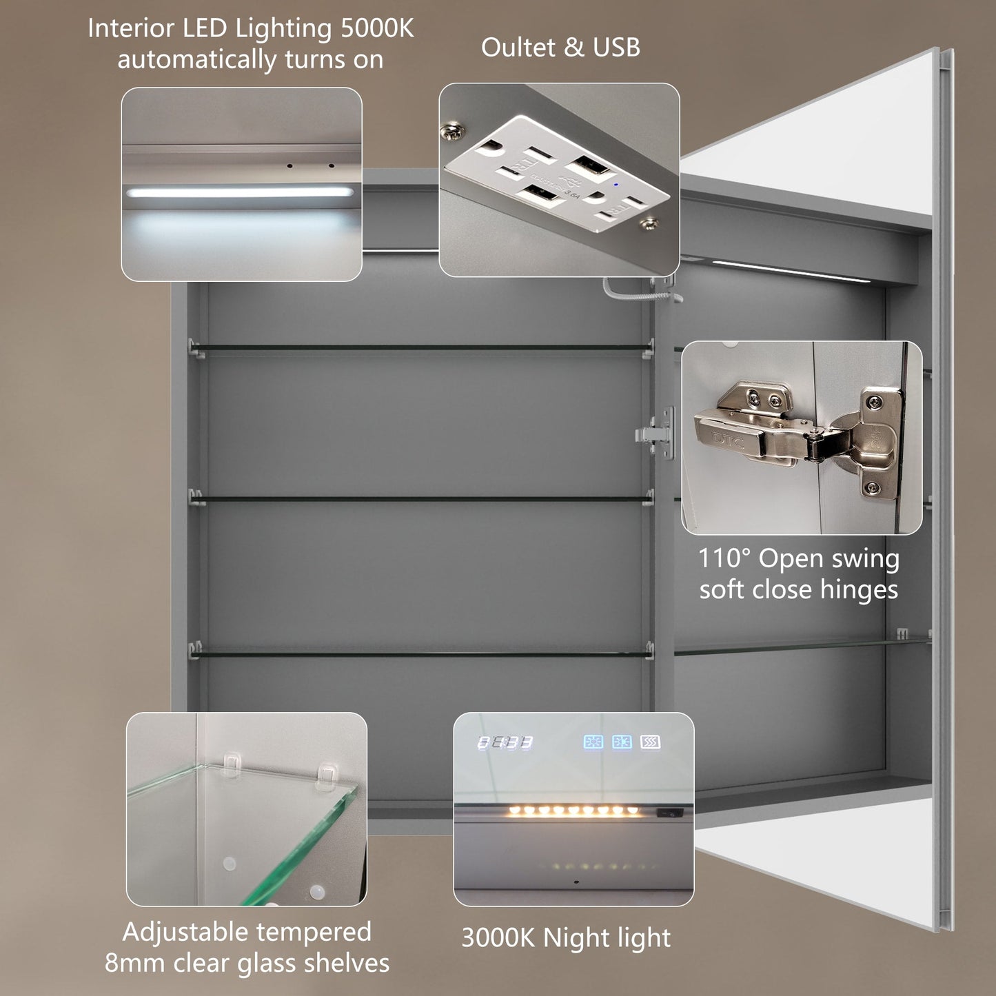 ExBrite 24-in x 32-in Lighted LED Fog Free Surface/Recessed Mount Silver Mirrored Soft Close Medicine Cabinet with Outlet