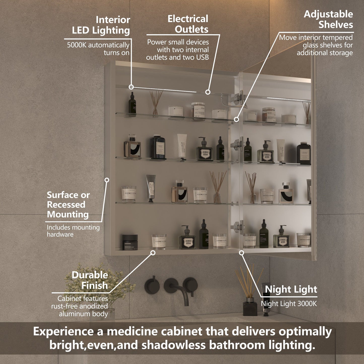 ExBrite 24-in x 32-in Lighted LED Fog Free Surface/Recessed Mount Silver Mirrored Soft Close Medicine Cabinet with Outlet