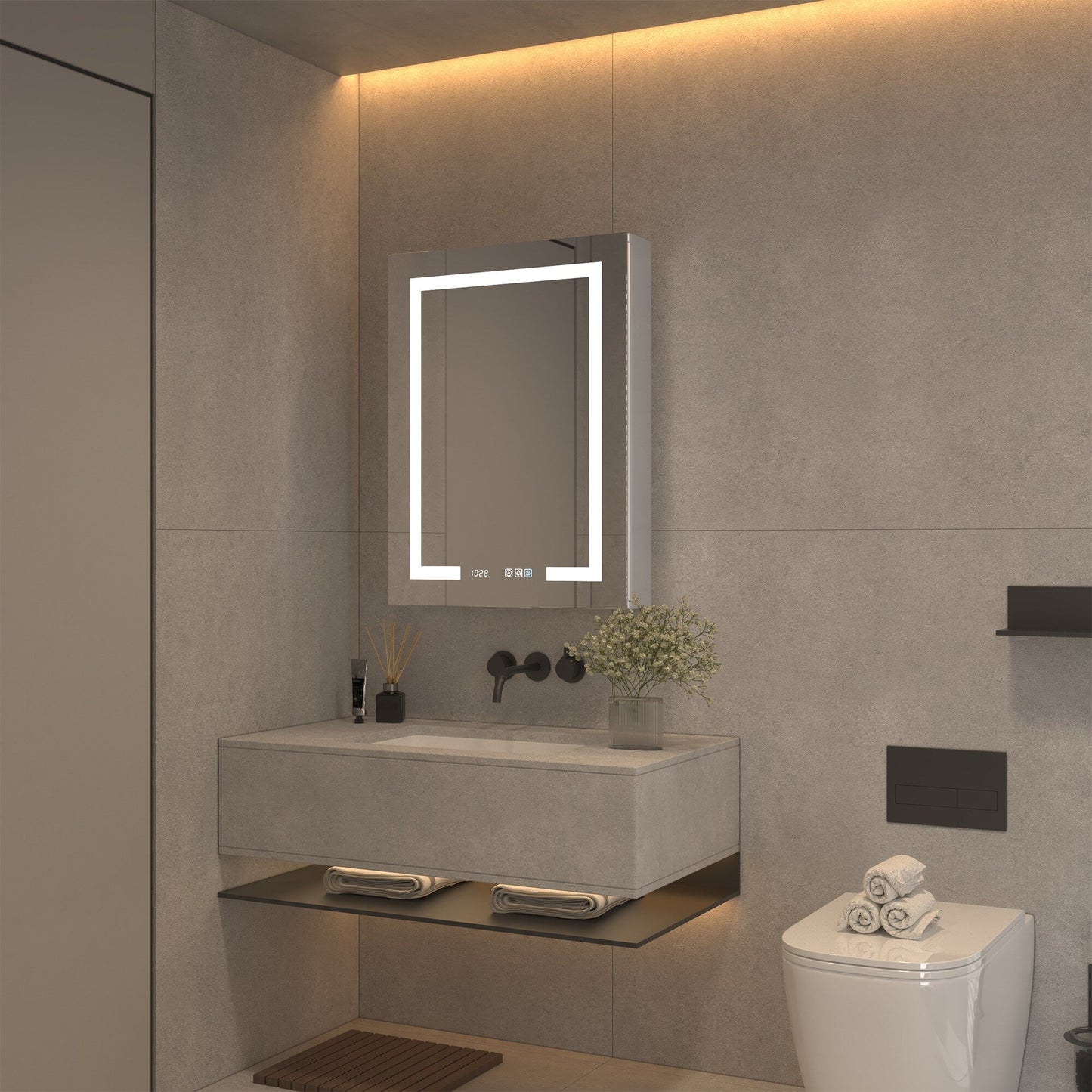 ExBrite 24-in x 32-in Lighted LED Fog Free Surface/Recessed Mount Silver Mirrored Soft Close Medicine Cabinet with Outlet