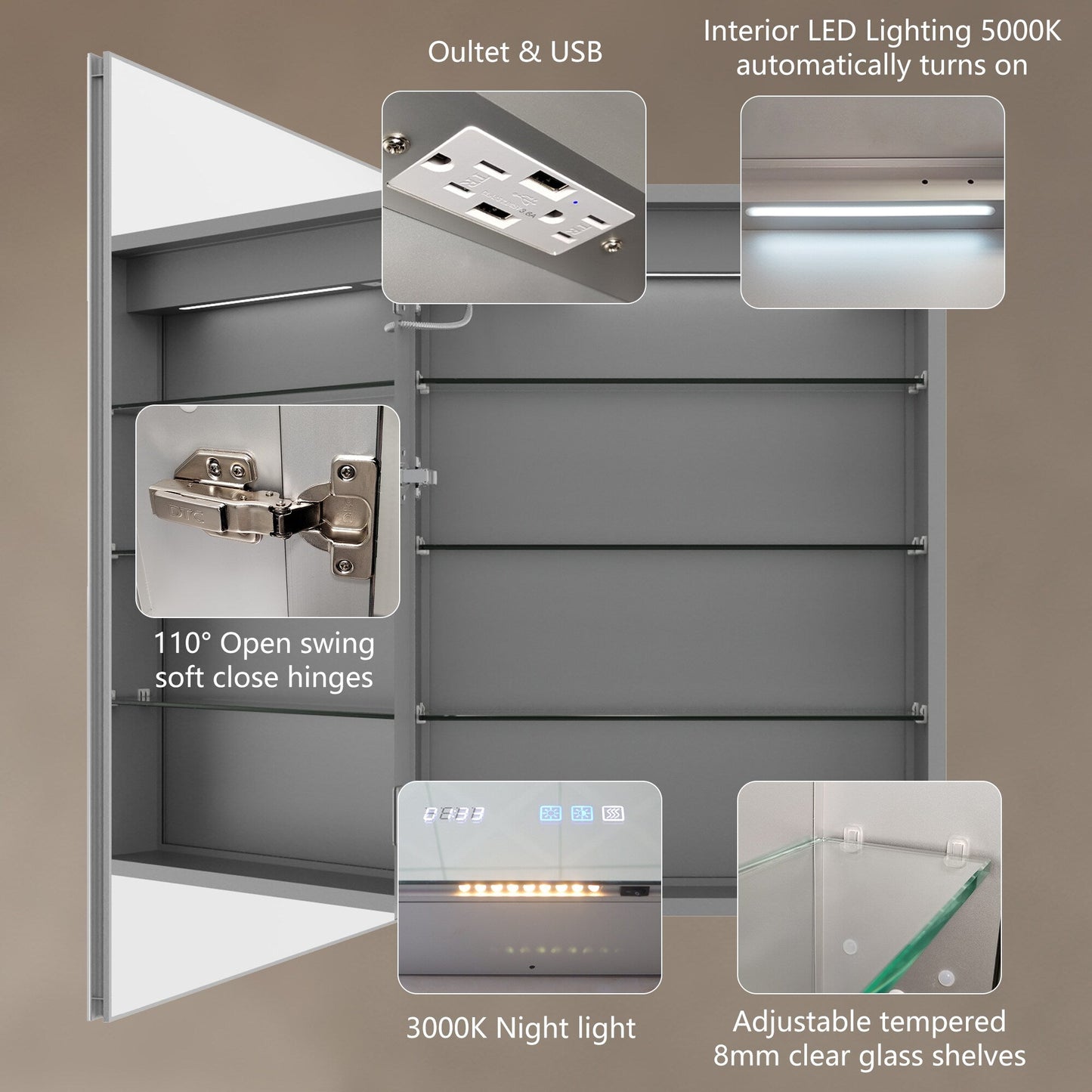 ExBrite 24-in x 32-in Lighted LED Fog Free Surface/Recessed Mount Silver Mirrored Soft Close Medicine Cabinet with Outlet