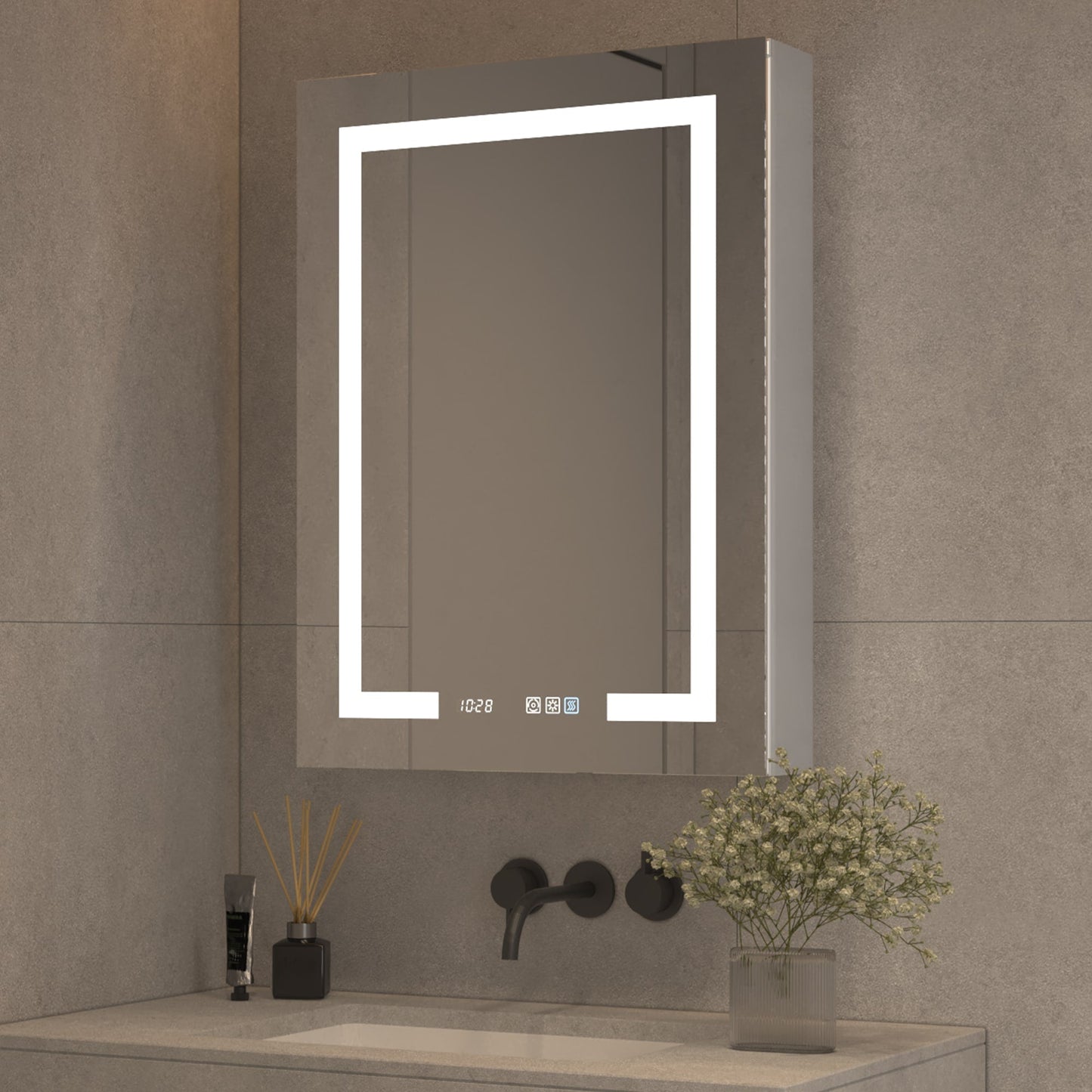 ExBrite 24-in x 32-in Lighted LED Fog Free Surface/Recessed Mount Silver Mirrored Soft Close Medicine Cabinet with Outlet