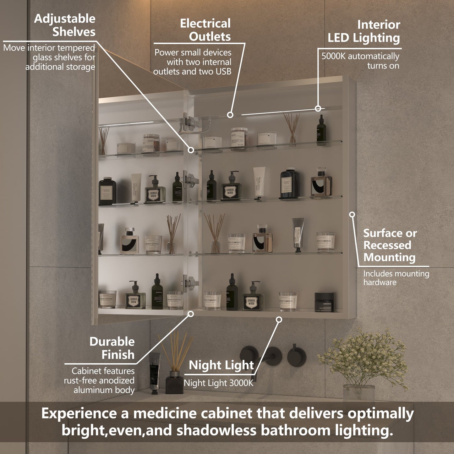 ExBrite 24-in x 32-in Lighted LED Fog Free Surface/Recessed Mount Silver Mirrored Soft Close Medicine Cabinet with Outlet