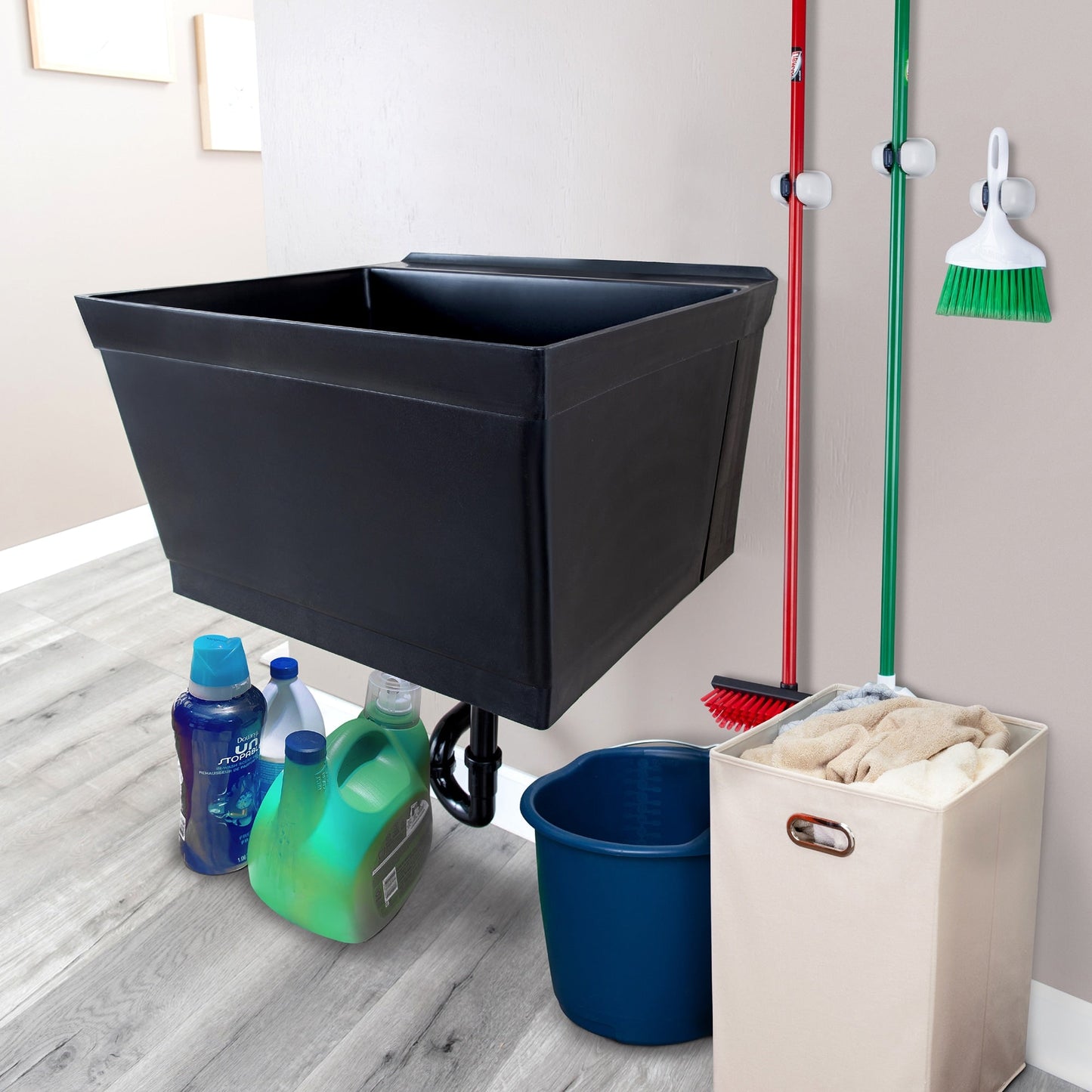 Cambridge 23.5" Black Wall Mount Utility Tub with Drain