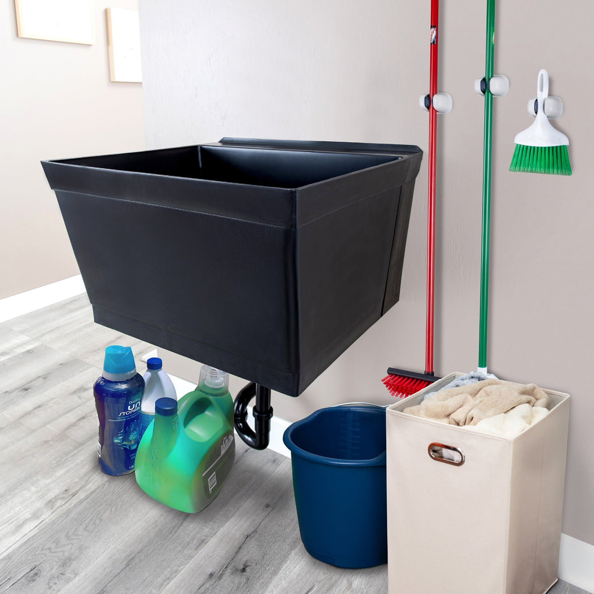 Cambridge 23.5" Black Wall Mount Utility Tub with Drain