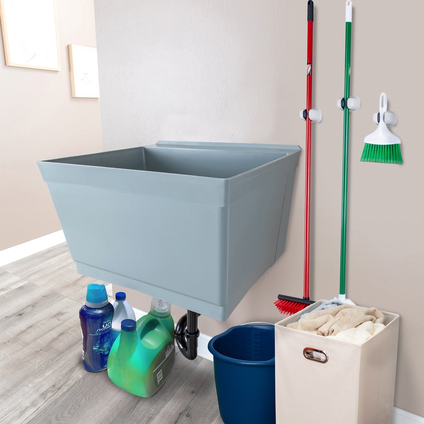 Cambridge Resources Gray Wall Mount Utility Tub with Drain - 23.5 x 22.875 Inch