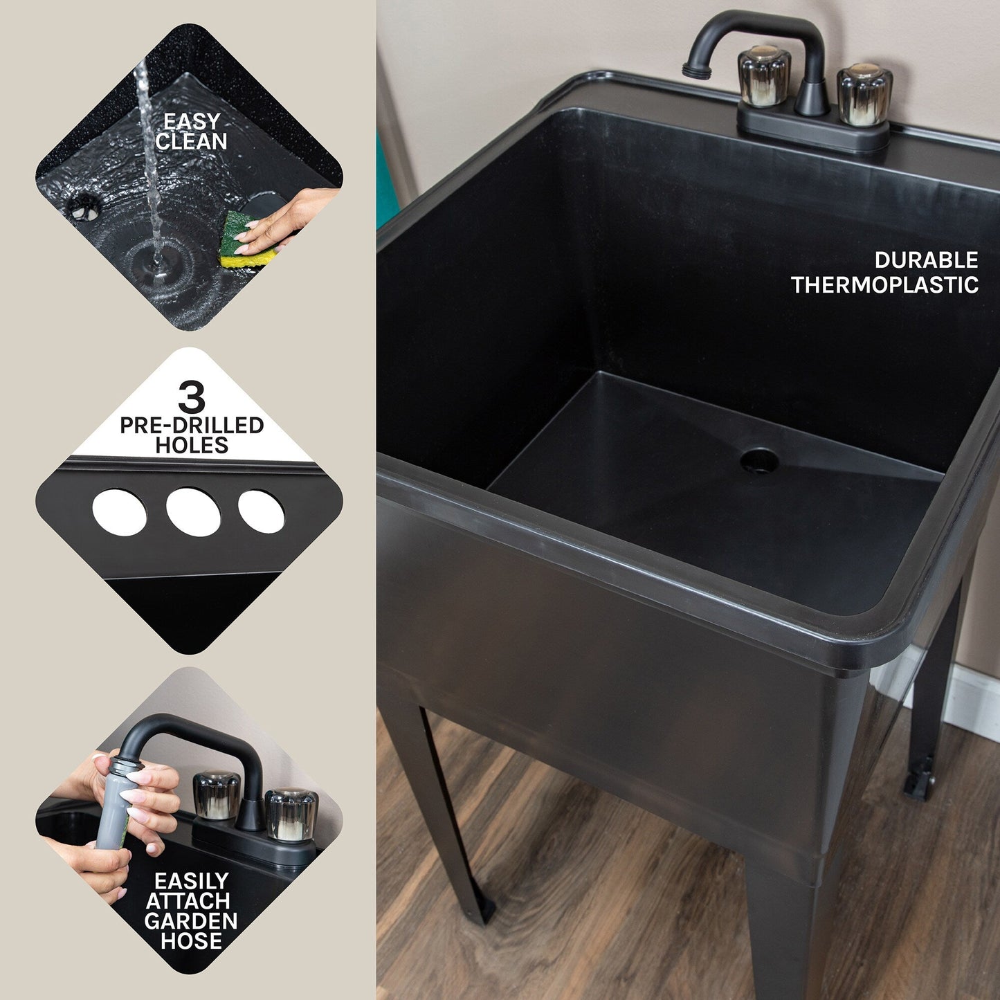 Cambridge Resources Black Freestanding Utility Tub with Drain and Faucet