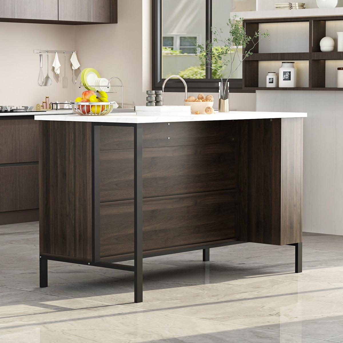 FUFU&GAGA Brown Mdf Base with Mdf Top Kitchen Island (30-in x 55.1-in x 36-in)