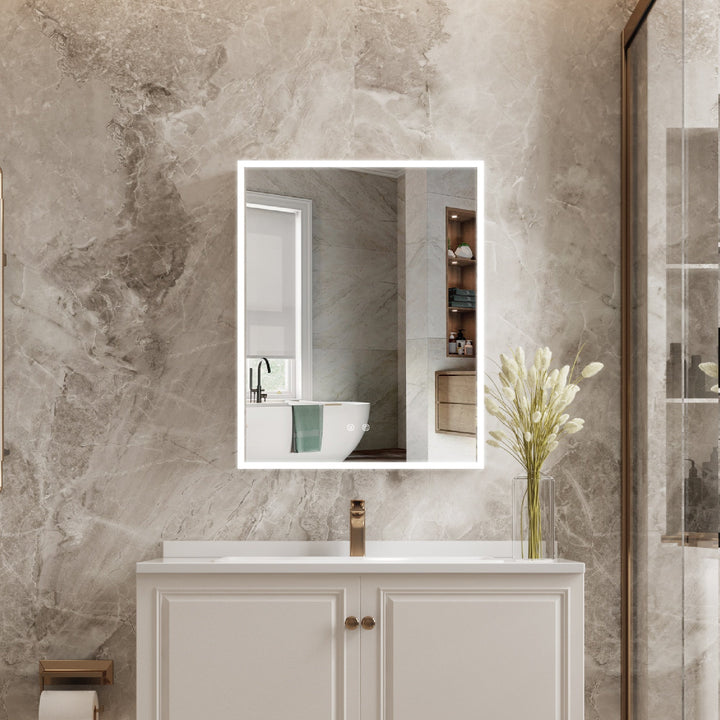 WELLFOR ELIN 24-in x 30-in Lighted LED Fog Free Surface/Recessed Mount Silver Mirrored Soft Close Medicine Cabinet with Outlet