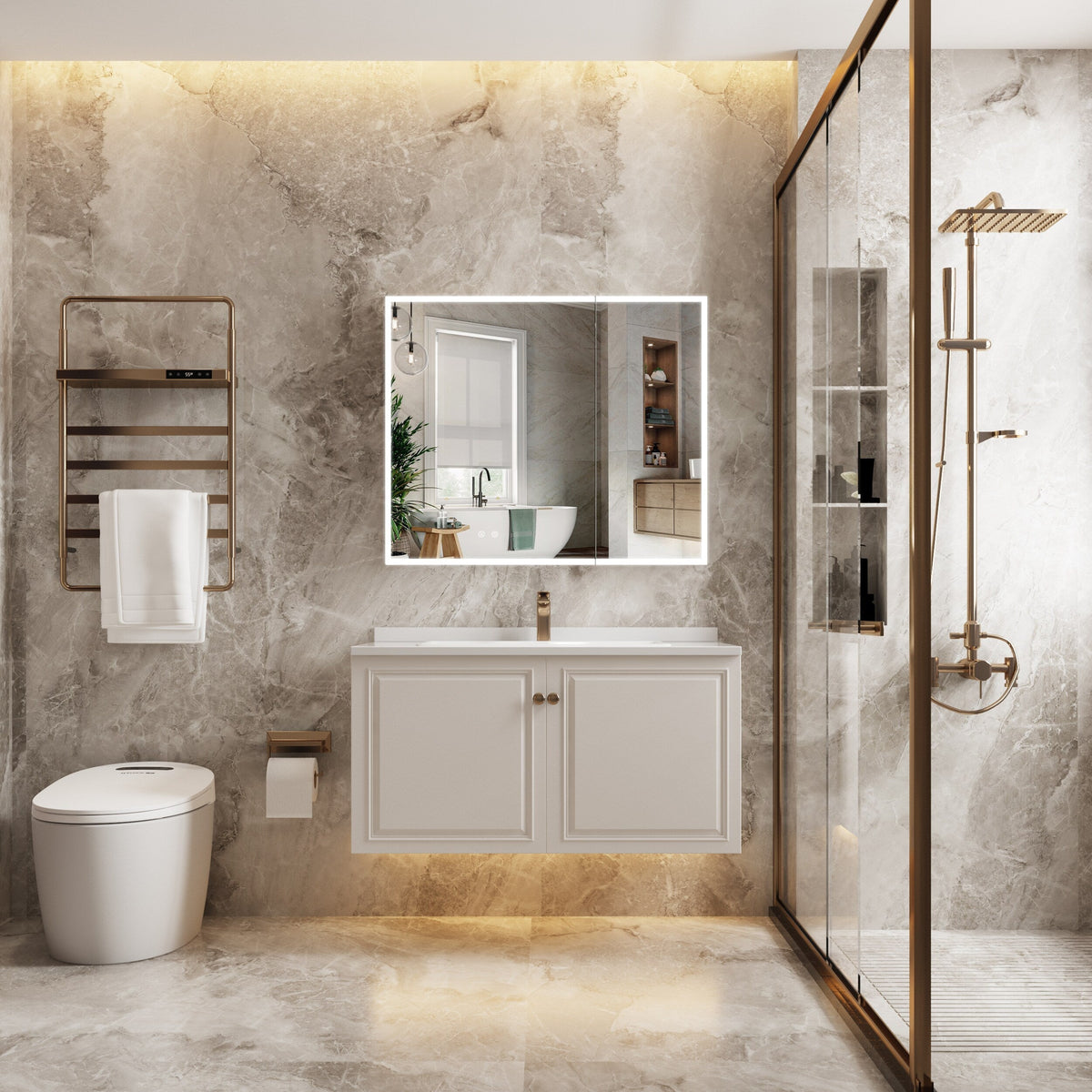 WELLFOR ELIN 36-in x 30-in Lighted LED Fog Free Surface/Recessed Mount Silver Mirrored Soft Close Medicine Cabinet with Outlet
