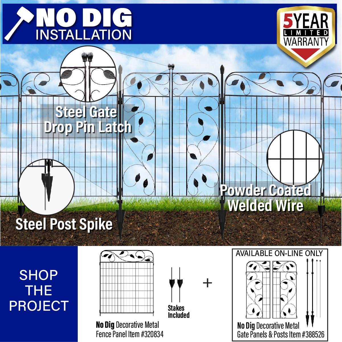 YARDLINK 4-ft H x 3-ft W Black Steel Decorative Metal Straight-top No Dig Decorative Fence Panel