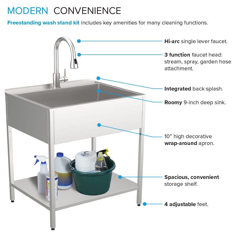 Transolid Brushed Satin Freestanding Laundry Sink with Dual-Spray Faucet