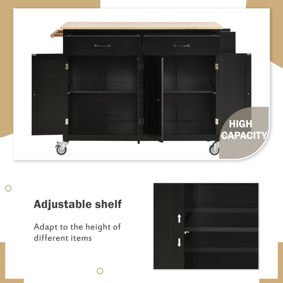 Nestfair Black Wood Base with Mdf Wood Top Rolling Kitchen Island (18.5-in x 54.33-in x 36.22-in)