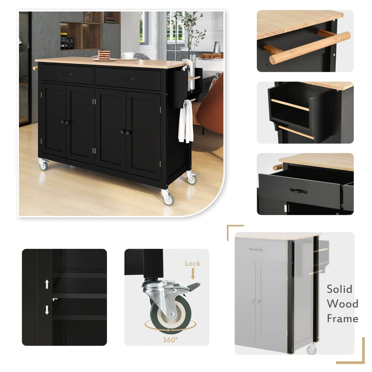 Nestfair Black Wood Base with Mdf Wood Top Rolling Kitchen Island (18.5-in x 54.33-in x 36.22-in)