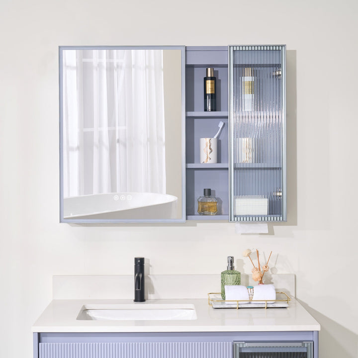WELLFOR FLORA Solid Wood 36-in x 28-in Lighted LED Surface Mount Lavender Mirrored Soft Close Medicine Cabinet