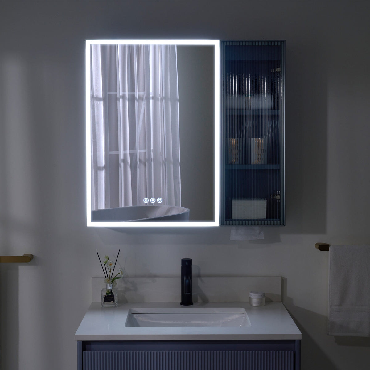 WELLFOR FLORA Solid Wood 30-in x 28-in Lighted LED Surface Mount Lavender Mirrored Soft Close Medicine Cabinet
