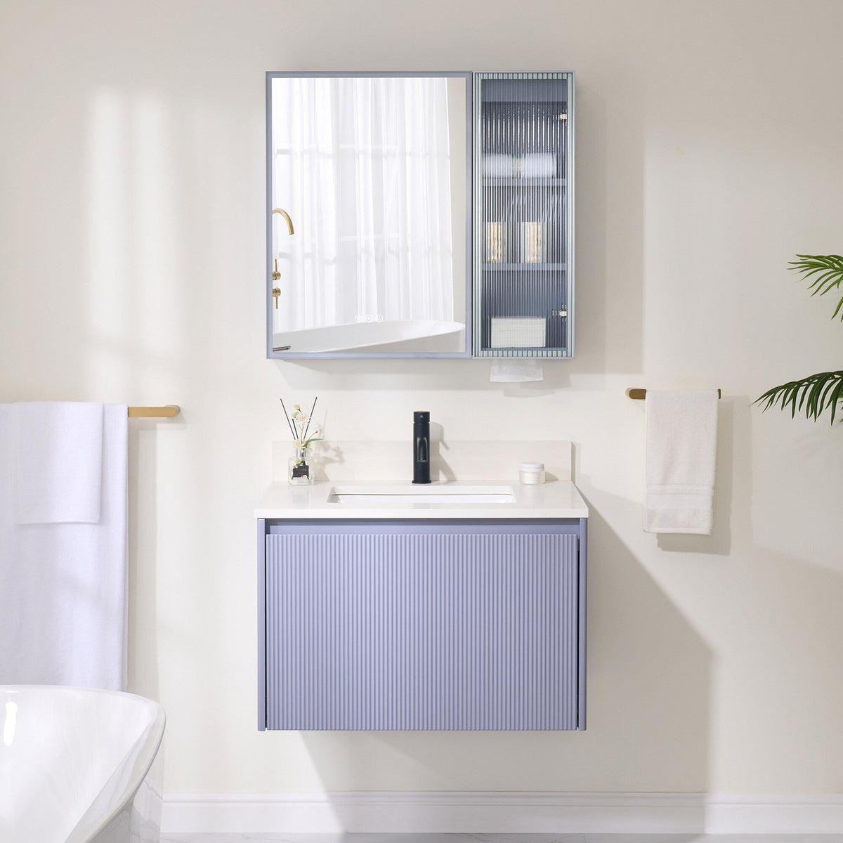 WELLFOR FLORA Solid Wood 30-in x 28-in Lighted LED Surface Mount Lavender Mirrored Soft Close Medicine Cabinet