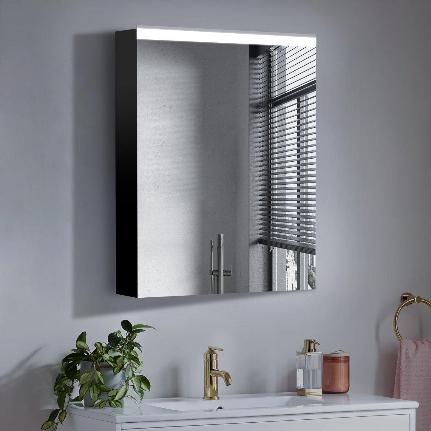 WELLFOR EX2 24-in x 30-in Lighted LED Surface Mount Matte Black Mirrored Soft Close Medicine Cabinet