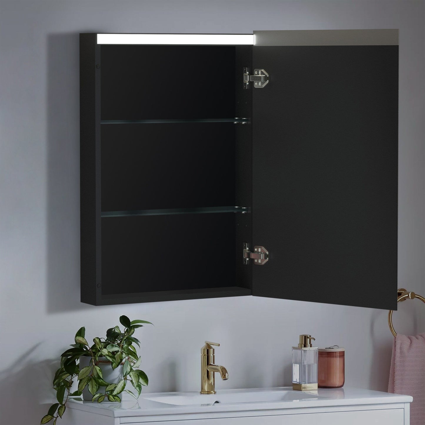 WELLFOR EX2 24-in x 30-in Lighted LED Surface Mount Matte Black Mirrored Soft Close Medicine Cabinet
