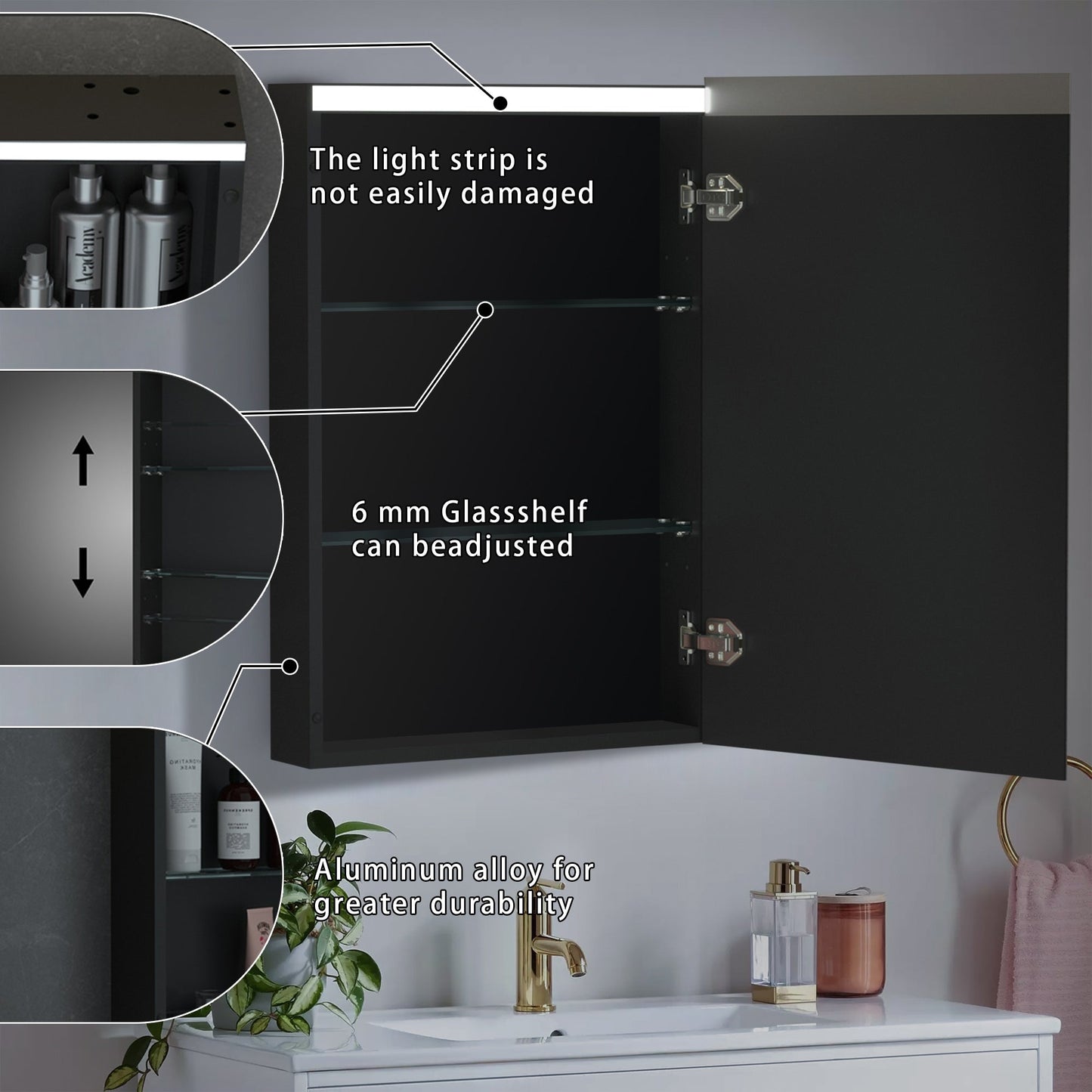 WELLFOR EX2 24-in x 30-in Lighted LED Surface Mount Matte Black Mirrored Soft Close Medicine Cabinet