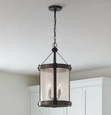 Kichler Barrington 4-Light Distressed Black and Wood Tone Rustic Seeded Glass Cylinder Medium Hanging Pendant Light