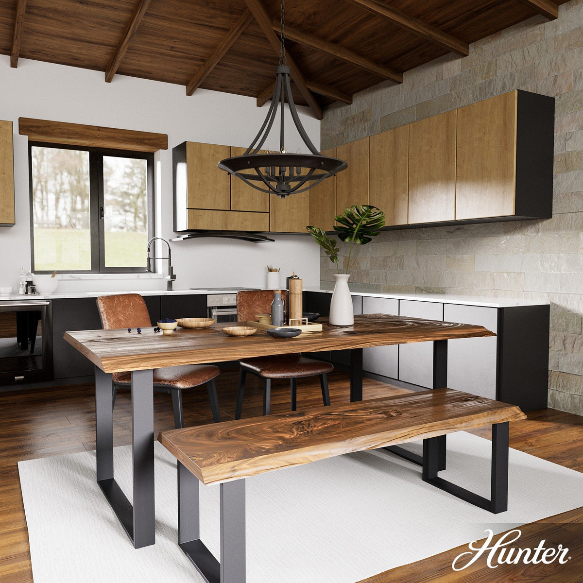Hunter Perch Point 4-Light Noble Bronze Transitional Bowl LED Large Hanging Kitchen Island Light