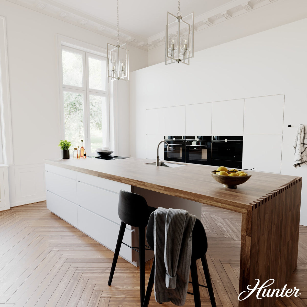 Hunter Kerrison 4-Light Brushed Nickel Modern/Contemporary Seeded Glass Square LED Medium Hanging Kitchen Island Light