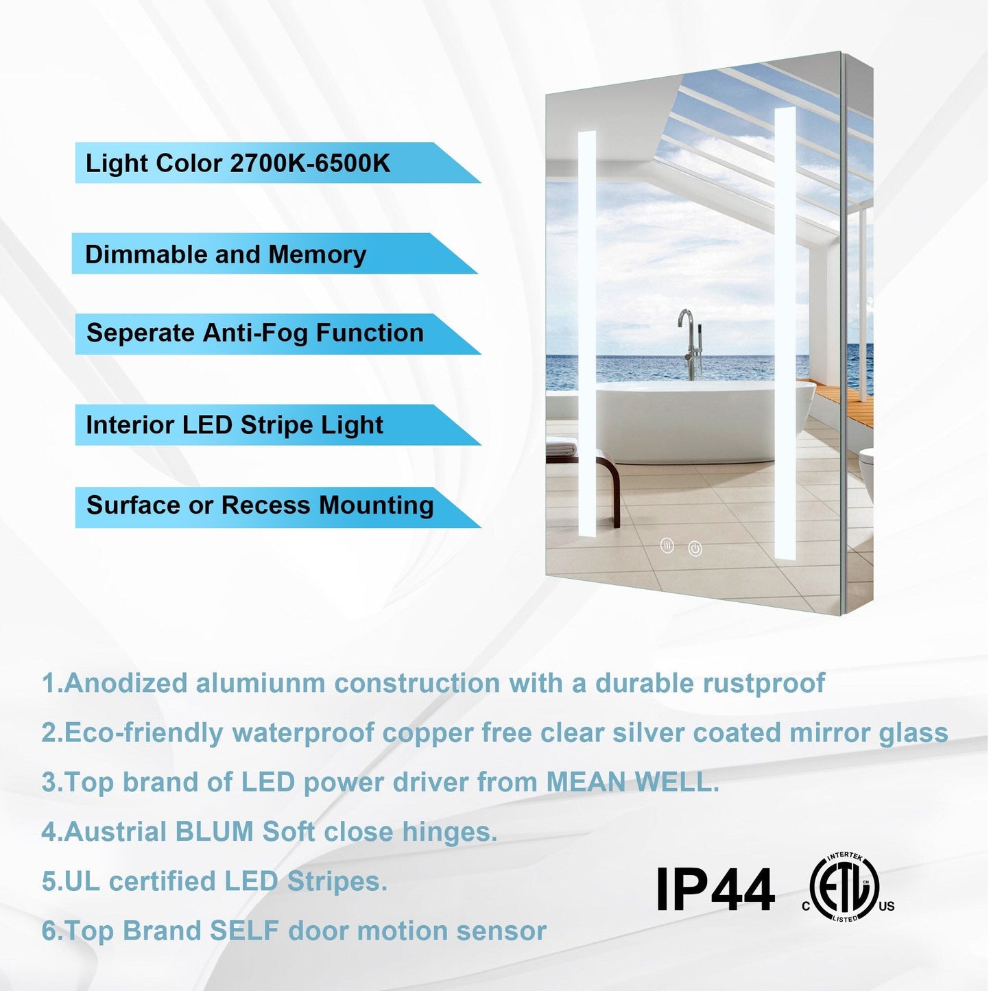 Forclover 20-in x 30-in Lighted LED Fog Free Surface/Recessed Mount Silver Mirrored Soft Close Medicine Cabinet with Outlet