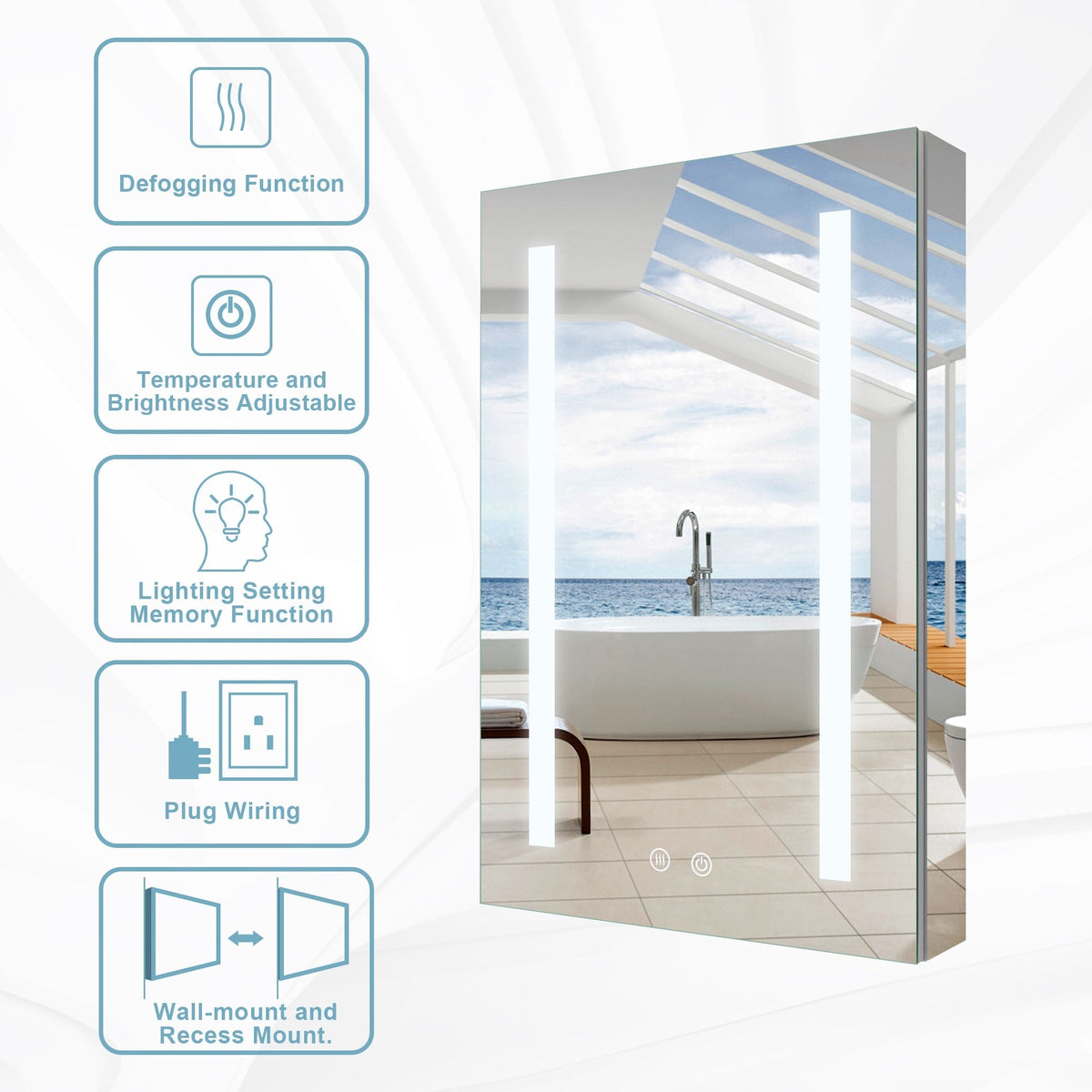 Forclover 20-in x 30-in Lighted LED Fog Free Surface/Recessed Mount Silver Mirrored Soft Close Medicine Cabinet with Outlet
