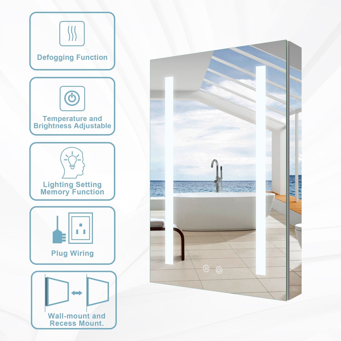 Forclover 20-in x 30-in Lighted LED Fog Free Surface/Recessed Mount Silver Mirrored Soft Close Medicine Cabinet with Outlet