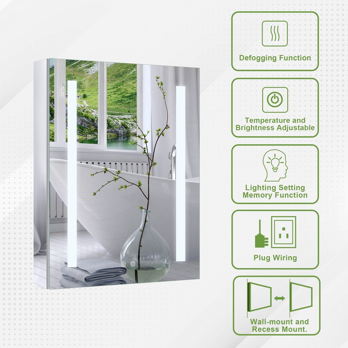 Forclover 24-in x 30-in Lighted LED Fog Free Surface/Recessed Mount Silver Mirrored Soft Close Medicine Cabinet with Outlet