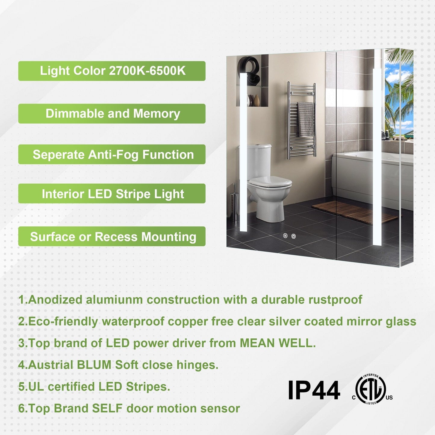 Forclover 30-in x 30-in Lighted LED Fog Free Surface/Recessed Mount Silver Mirrored Soft Close Medicine Cabinet with Outlet