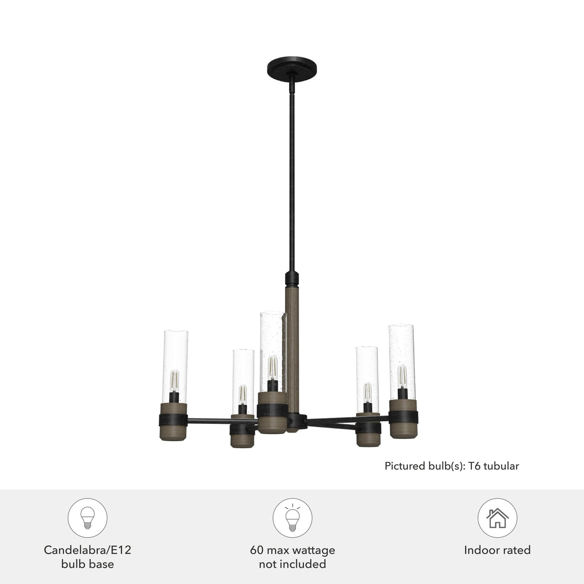 Hunter River Mill 5-Light Matte Black Rustic Led Bare Bulb Chandelier