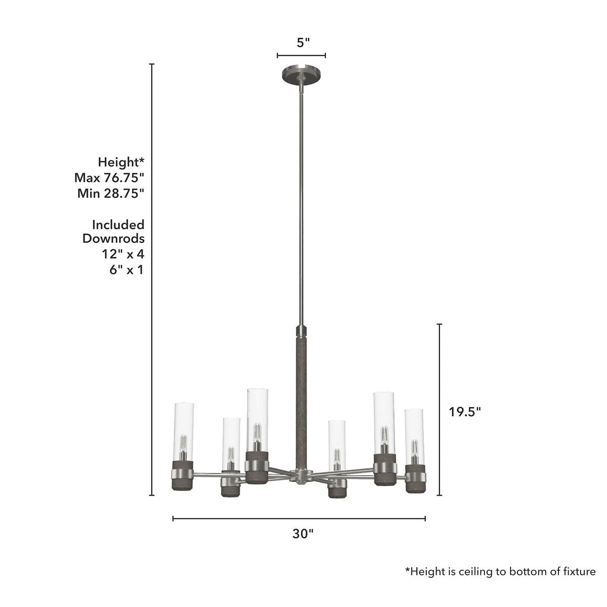 Hunter River Mill 6-Light Brushed Nickel Rustic Led Bare Bulb Chandelier