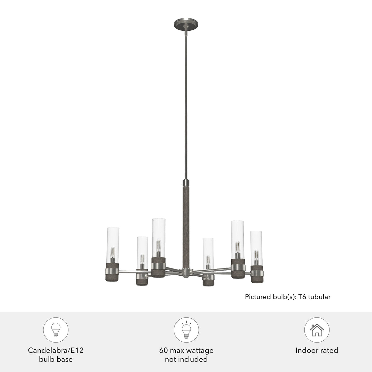 Hunter River Mill 6-Light Brushed Nickel Rustic Led Bare Bulb Chandelier