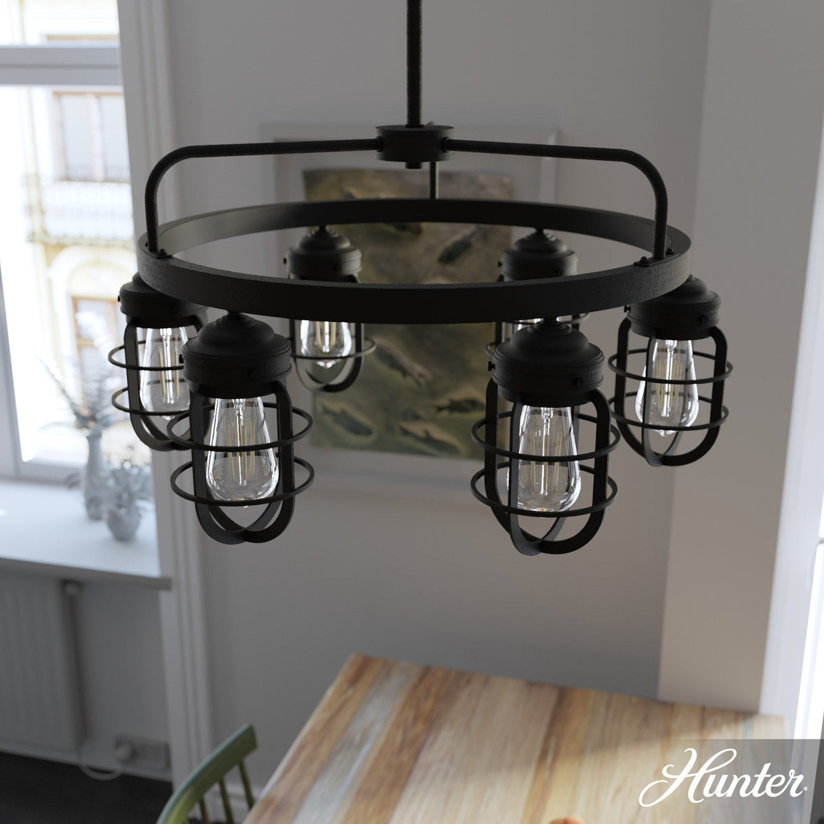 Hunter Starklake 6-Light Matte Black Industrial Led Cage Chandelier