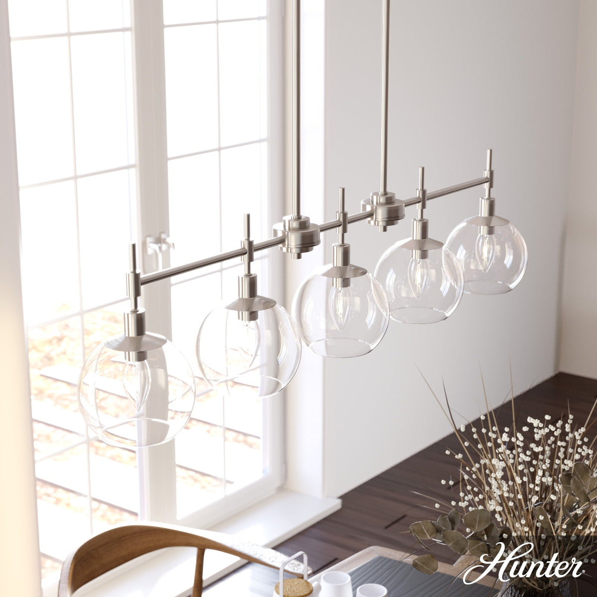Hunter Xidane 5-Light Brushed Nickel Mid-century Led Crystal Chandelier