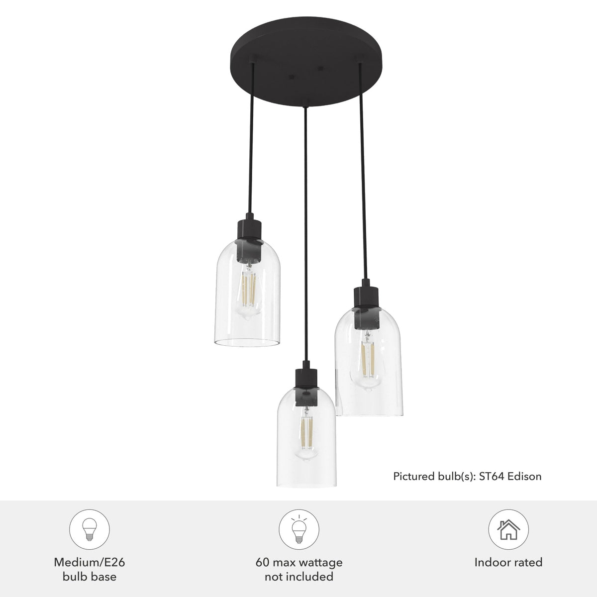 Hunter Lochemeade 3-Light Noble Bronze Modern/Contemporary Seeded Glass Tiered LED Small Hanging