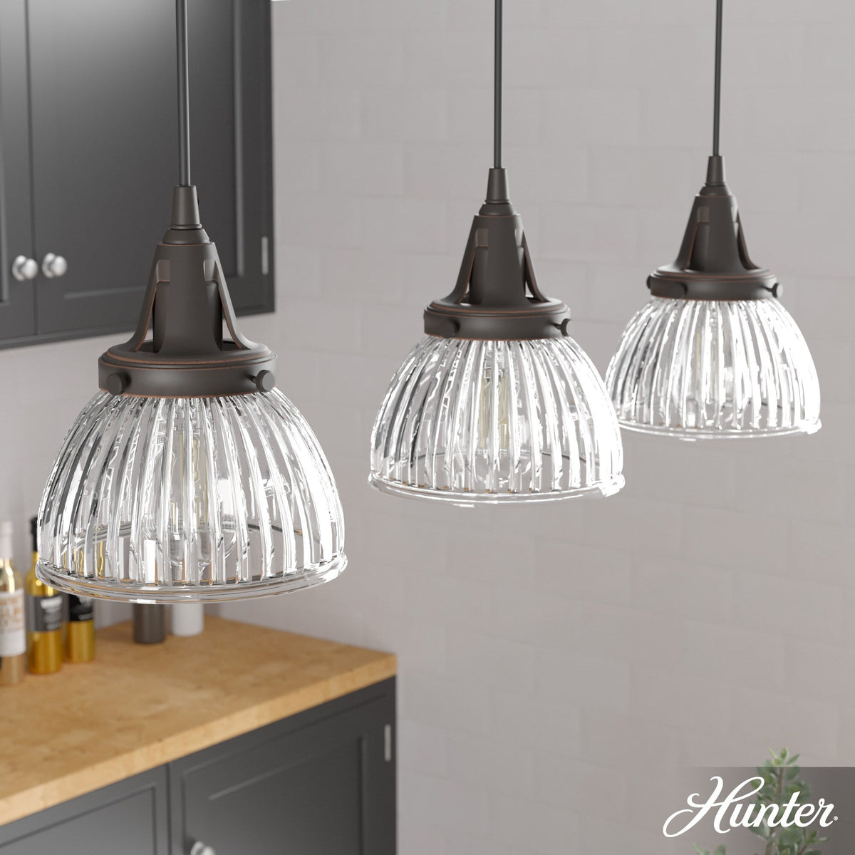 Hunter Cypress Grove 3-Light Onyx Bengal Transitional Clear Glass Linear LED Mini Hanging