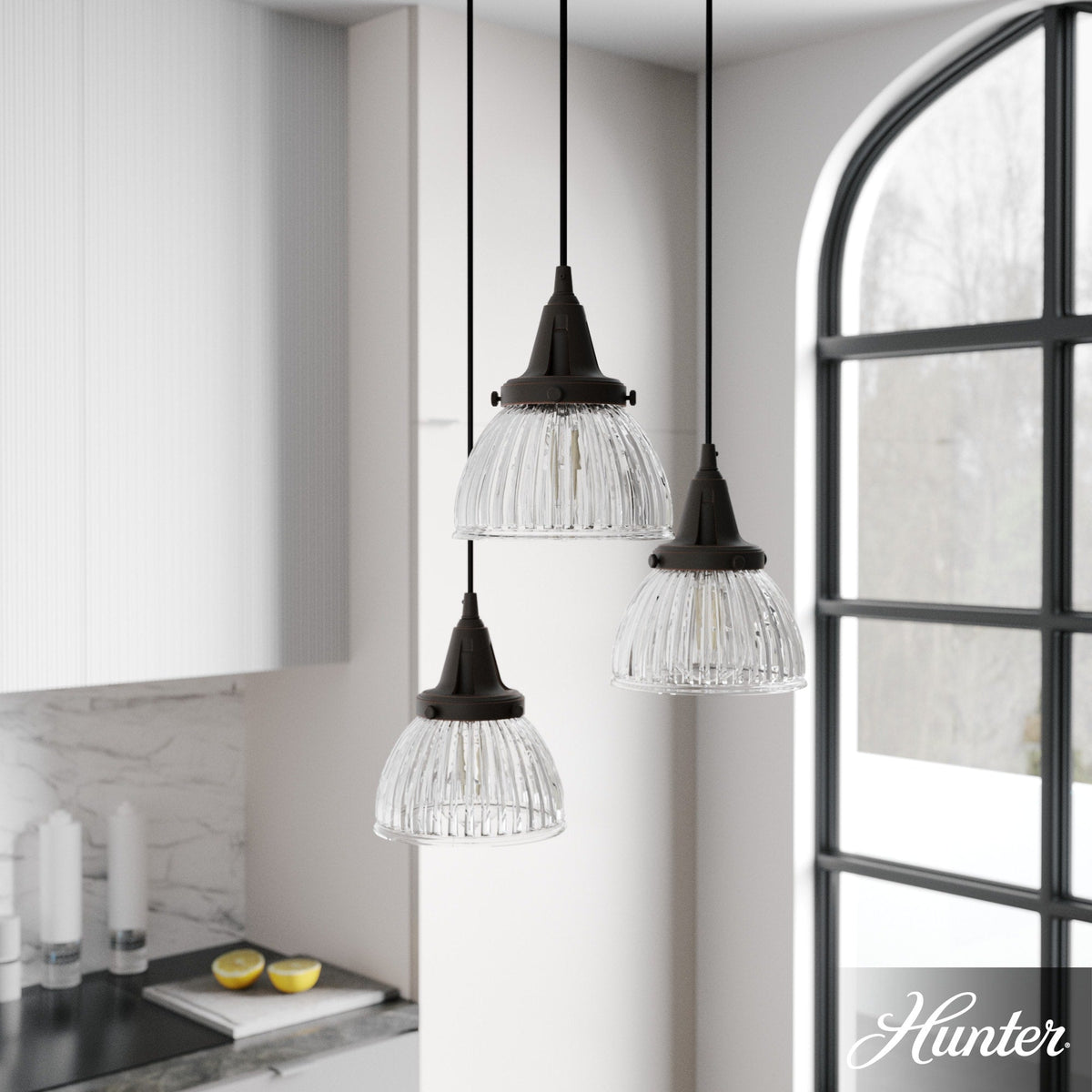 Hunter Cypress Grove 3-Light Onyx Bengal Transitional Clear Glass Tiered LED Mini Hanging