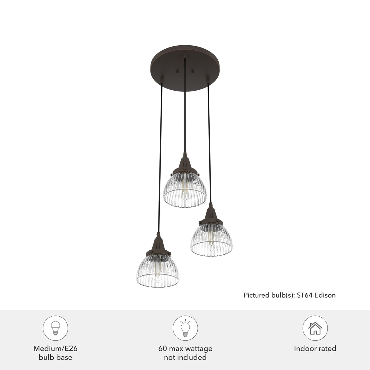 Hunter Cypress Grove 3-Light Onyx Bengal Transitional Clear Glass Tiered LED Mini Hanging