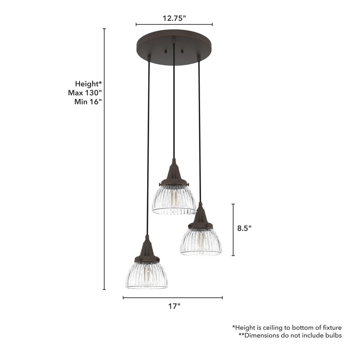 Hunter Cypress Grove 3-Light Onyx Bengal Transitional Clear Glass Tiered LED Mini Hanging