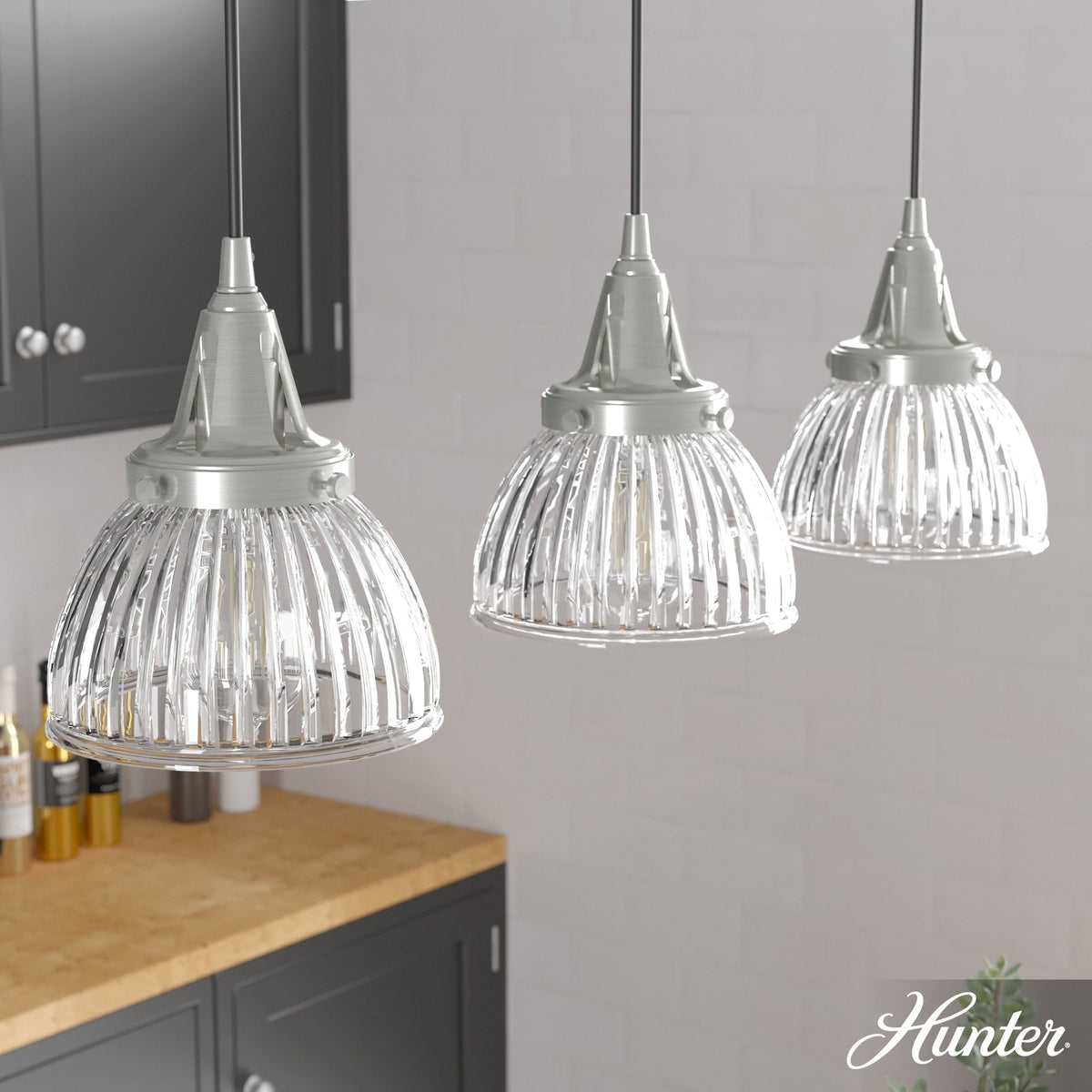 Hunter Cypress Grove 3-Light Brushed Nickel Transitional Clear Glass Linear LED Mini Hanging