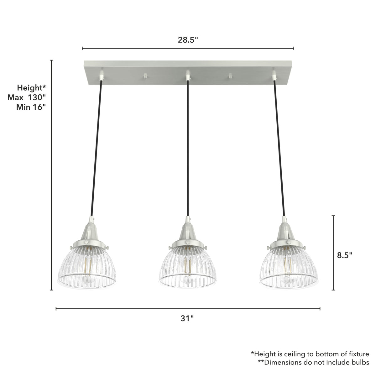 Hunter Cypress Grove 3-Light Brushed Nickel Transitional Clear Glass Linear LED Mini Hanging