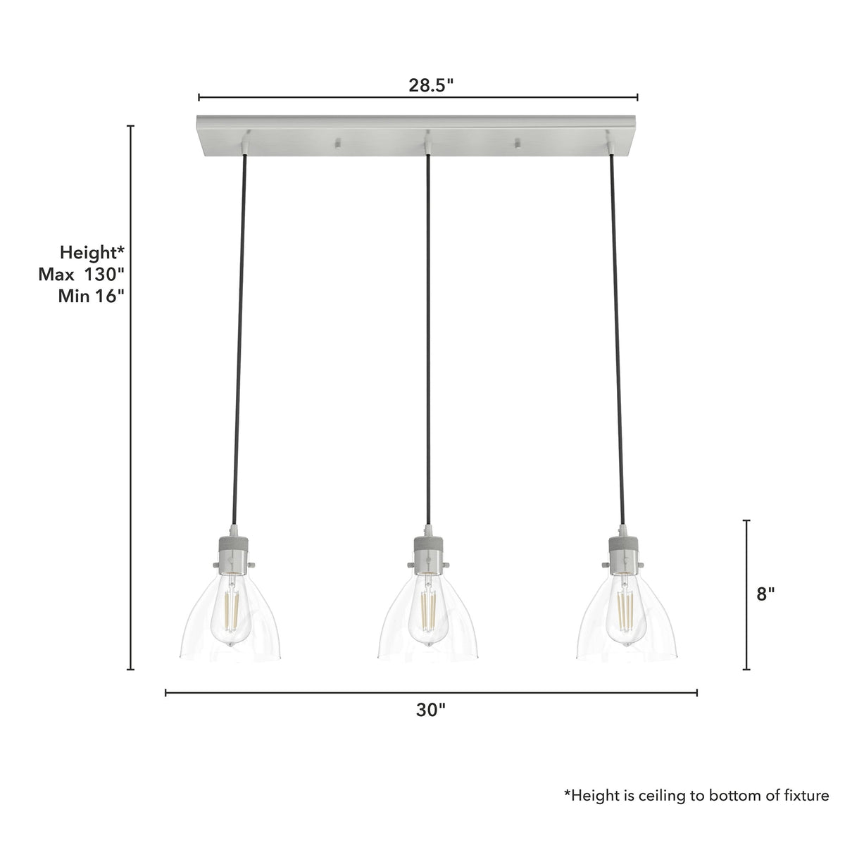 Hunter Van Nuys 3-Light Brushed Nickel Transitional Clear Glass Linear LED Large Hanging
