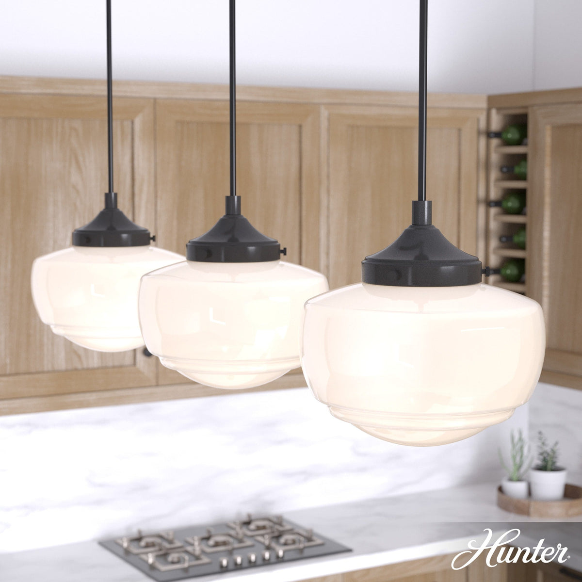 Hunter Saddle Creek 3-Light Noble Bronze Transitional Opal Glass Linear LED Large Hanging