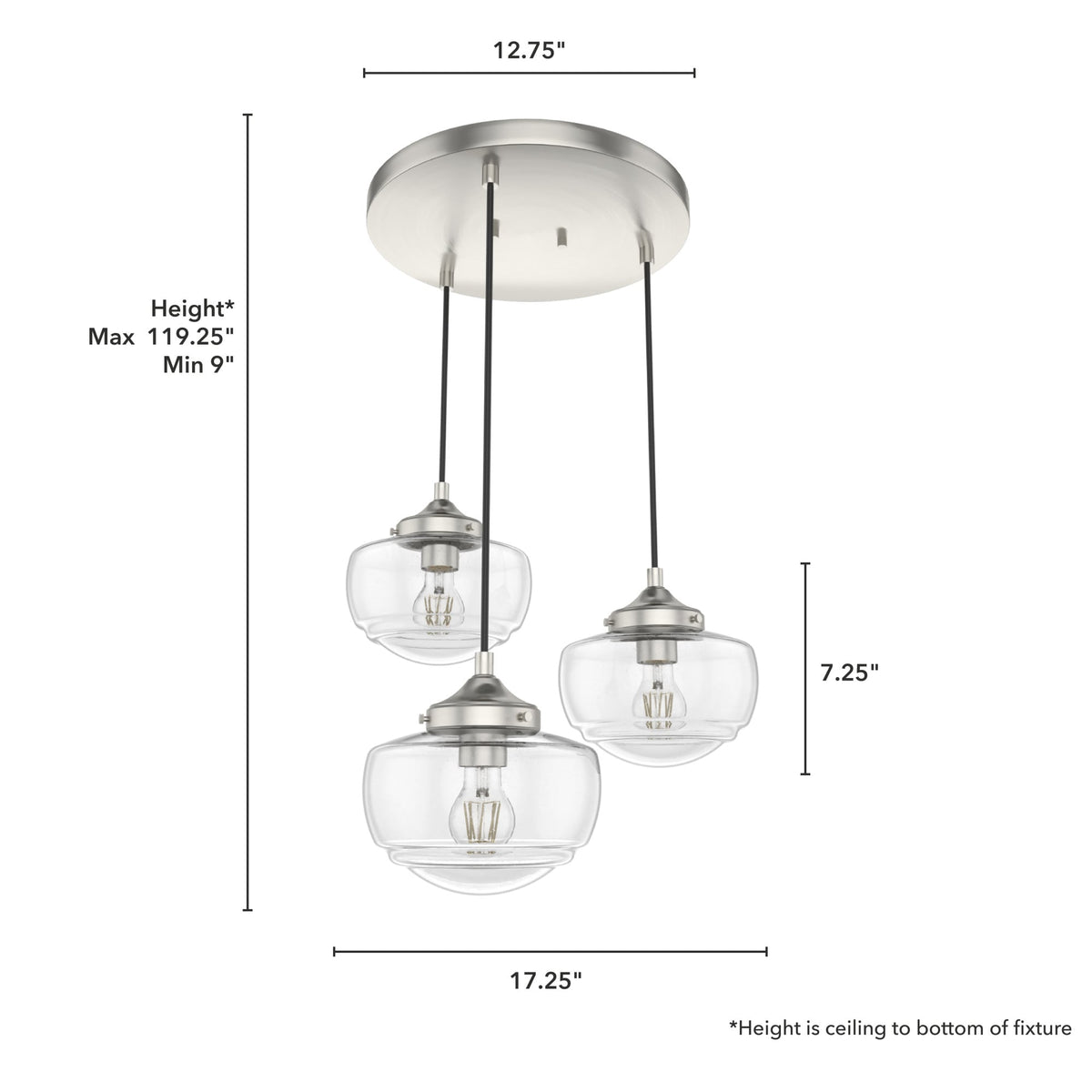 Hunter Saddle Creek 3-Light Brushed Nickel Transitional Seeded Glass LED Small Hanging