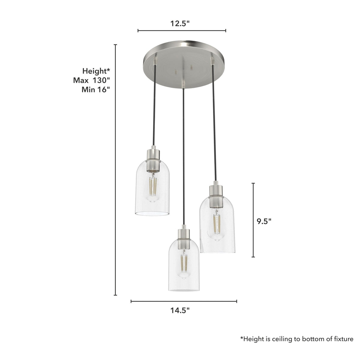 Hunter Lochemeade 3-Light Brushed Nickel Modern/Contemporary Seeded Glass Tiered LED Small Hanging